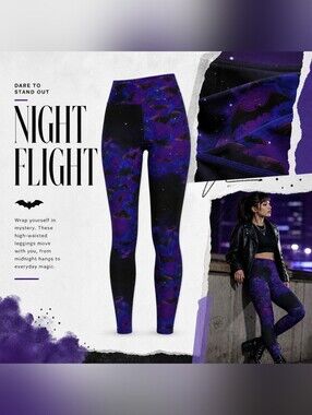 No Boundaries Black and Purple Bat Print High-Rise Leggings